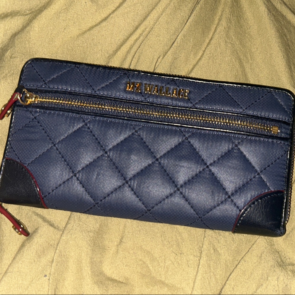 MZ Wallace Quilted Navy Zip Wallet with Gold Hardware
